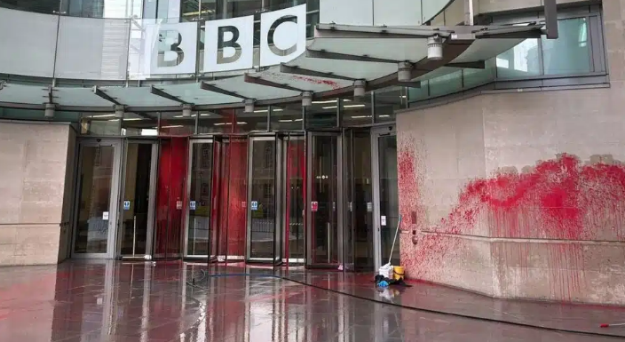 BBC entrance sprayed red